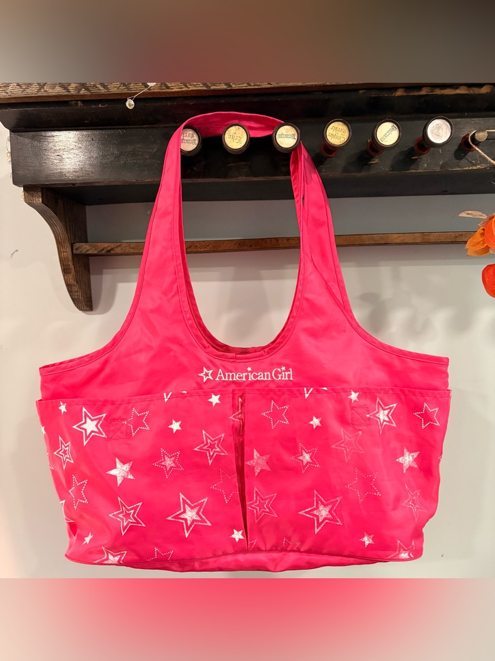 American Girl Pink Star Foldable Reusable Tote Bag Shopping Lightweight